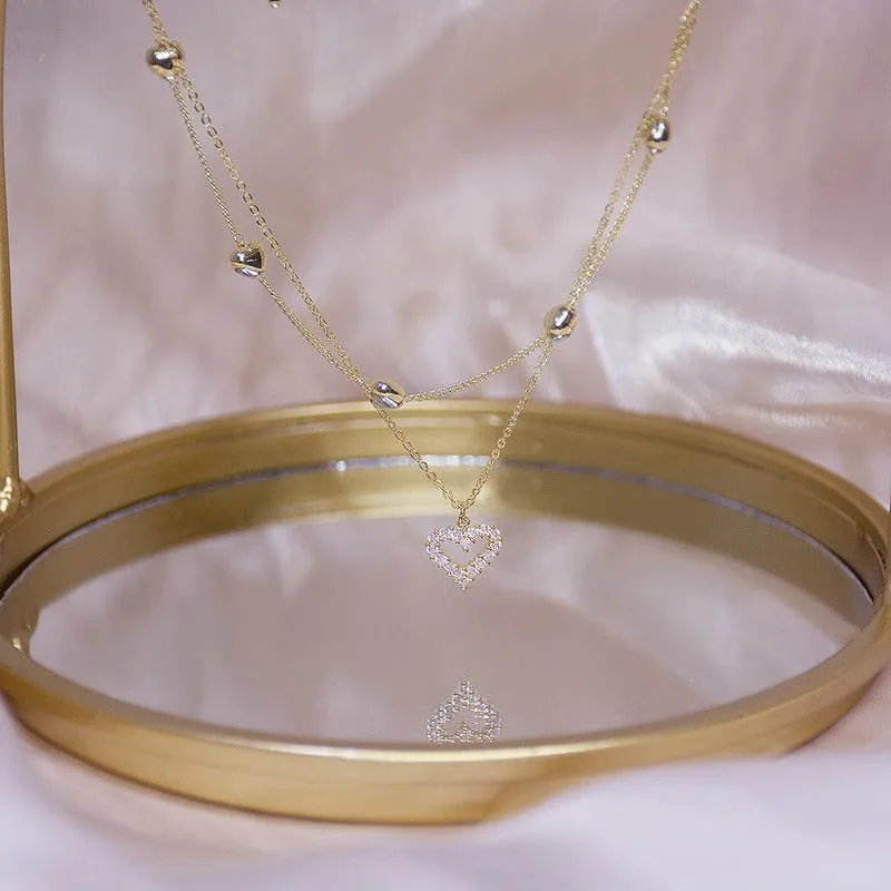 Double Layer Clavicle Chain with Zircon Heart Pendant Necklaces