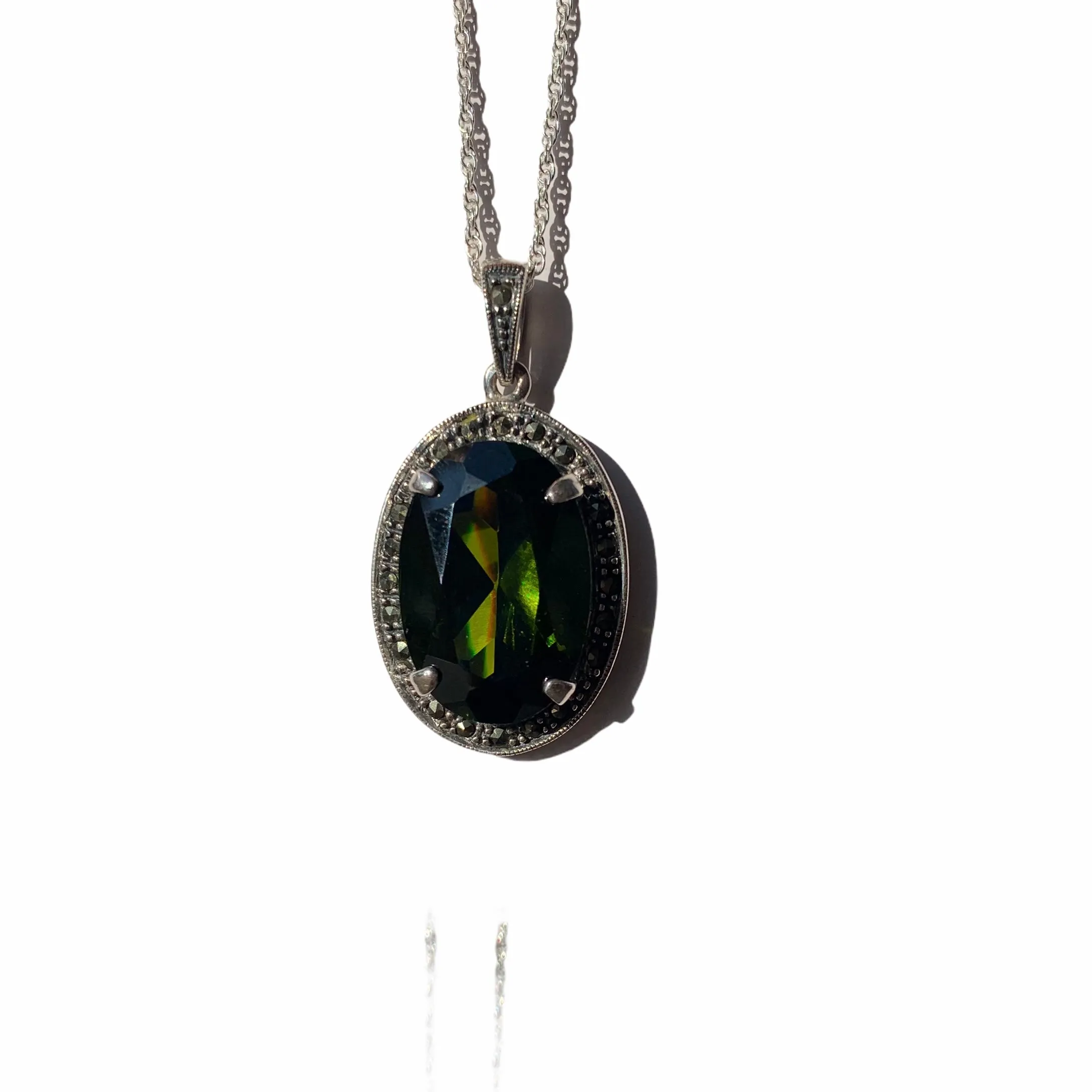 Large Olive Green Oval pendant Necklace Silver Marcasite Cubic Zirconia