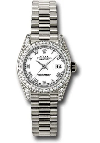 Rolex White Gold Lady-Datejust 26mm - 42 Diamond Bezel - White Roman Dial - President Bracelet - 179159 wrp