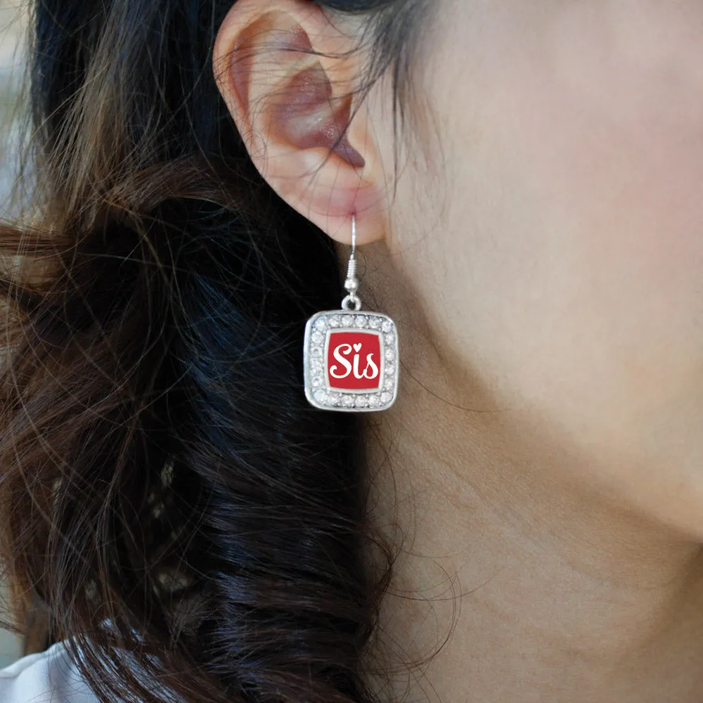 Silver Sis Red Script Square Charm Dangle Earrings