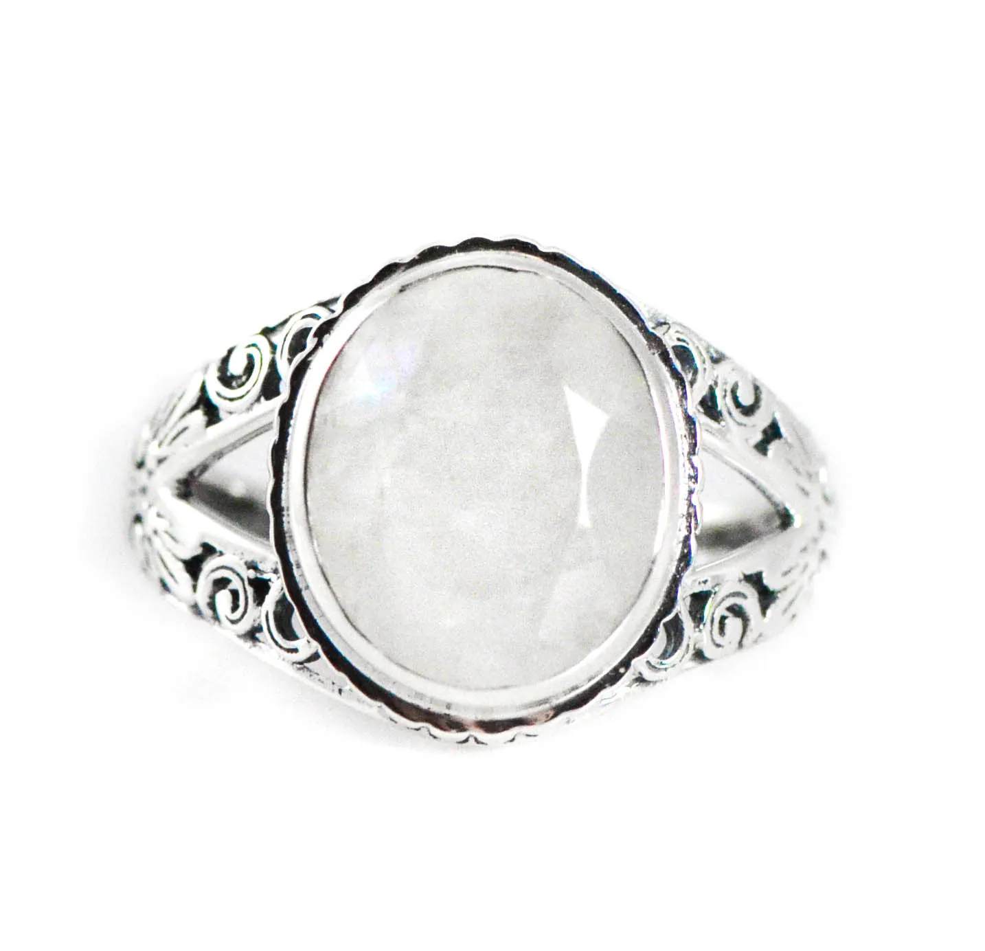 Sterling Silver Ornate 12mm Oval Rainbow Moonstone Ring
