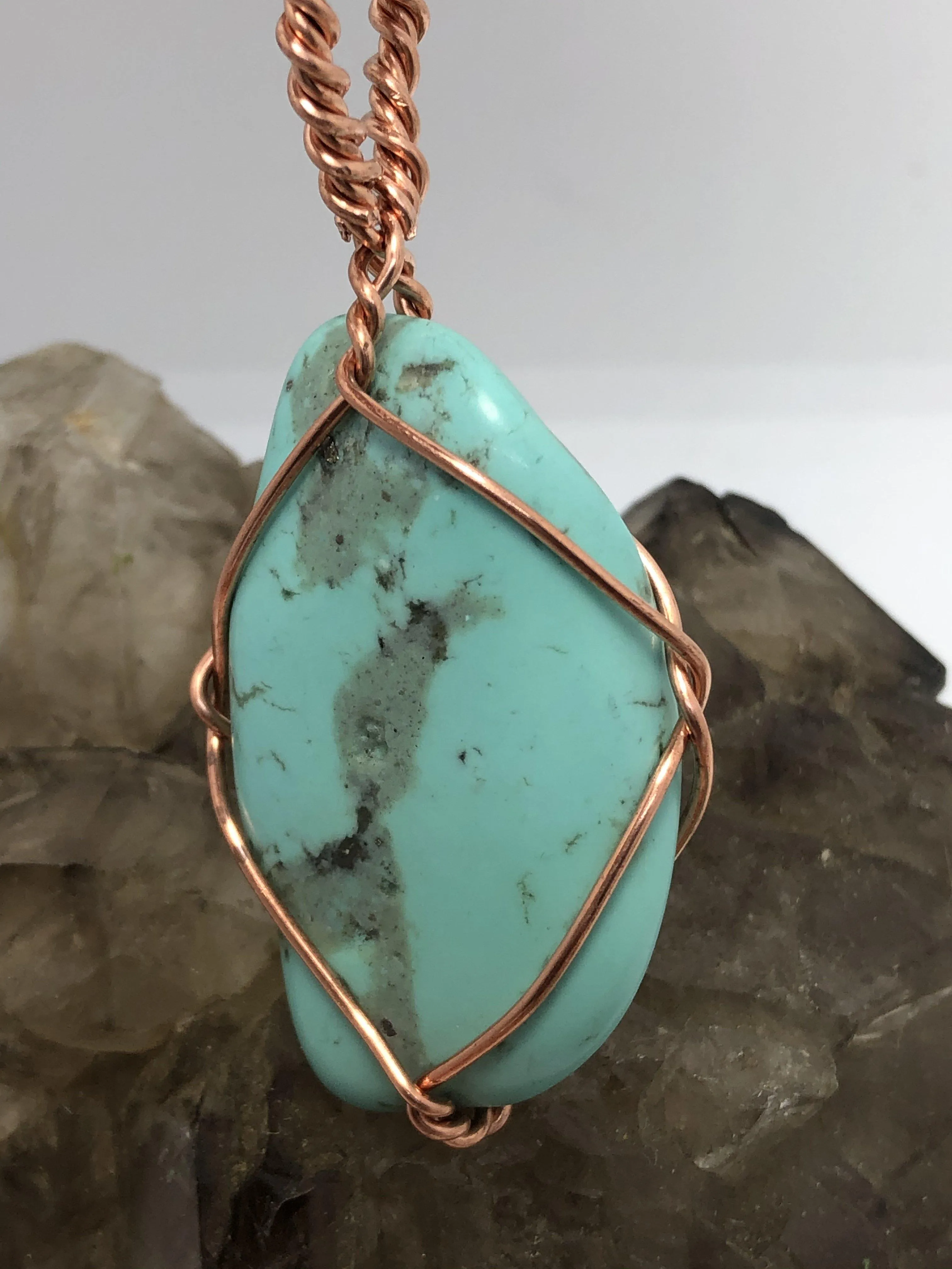 Turquoise Freeform Stone Crystal Copper Wirewrapped Pendant